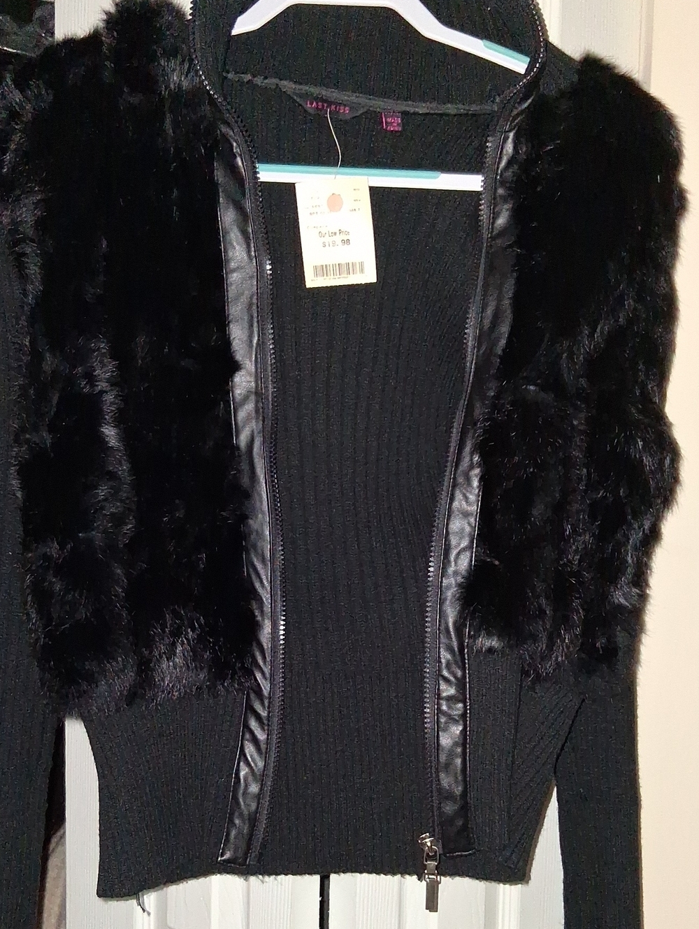last kiss Black Faux Fur & Ribbed Knit Zip Jacket
